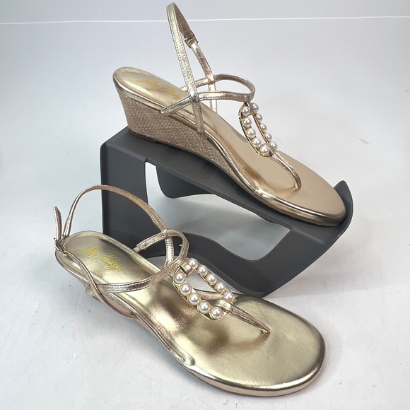 Lilly Pulitzer Good As Gold Pearl Wedge Sandals Metallic Gold Size 10M - Picture 6 of 7